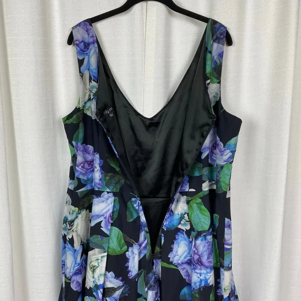 City Chic Black&Purple Floral Sateen Fit&Flare Midi Dress Sz.L/20W - Picture 8 of 13